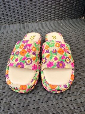 SO Floral Slide Sandals in Pink, Orange & Green